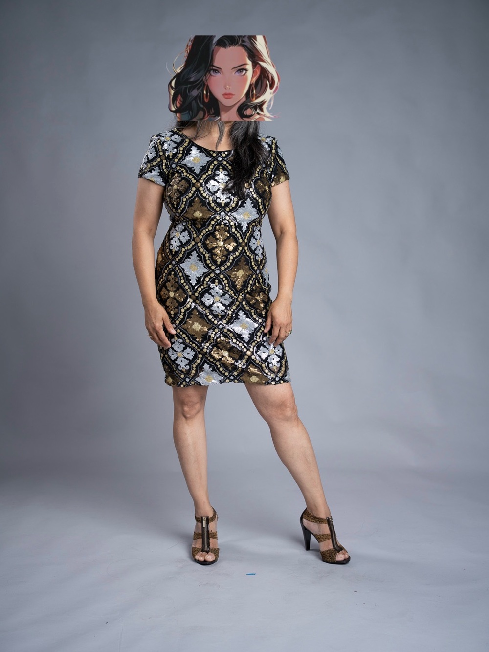Sequin Short-Sleeve Mini Dress in Gold and Black